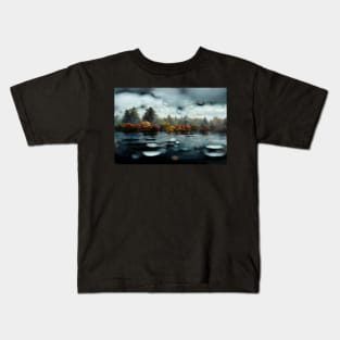 Foggy Lake Falling Raindrops On A Rainy Autumn Day Kids T-Shirt